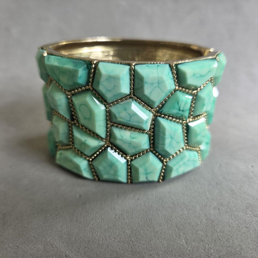 Vintage Faux Turquoise Mosaic Wide Gold Tone Hinged Cuff Bracelet
